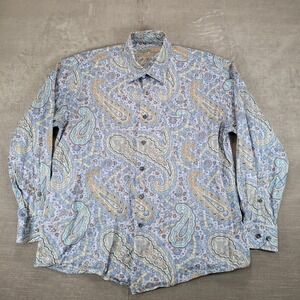 Alan Flusser Mens Large Paisley Button Down Shirt Blue Tan Cotton
